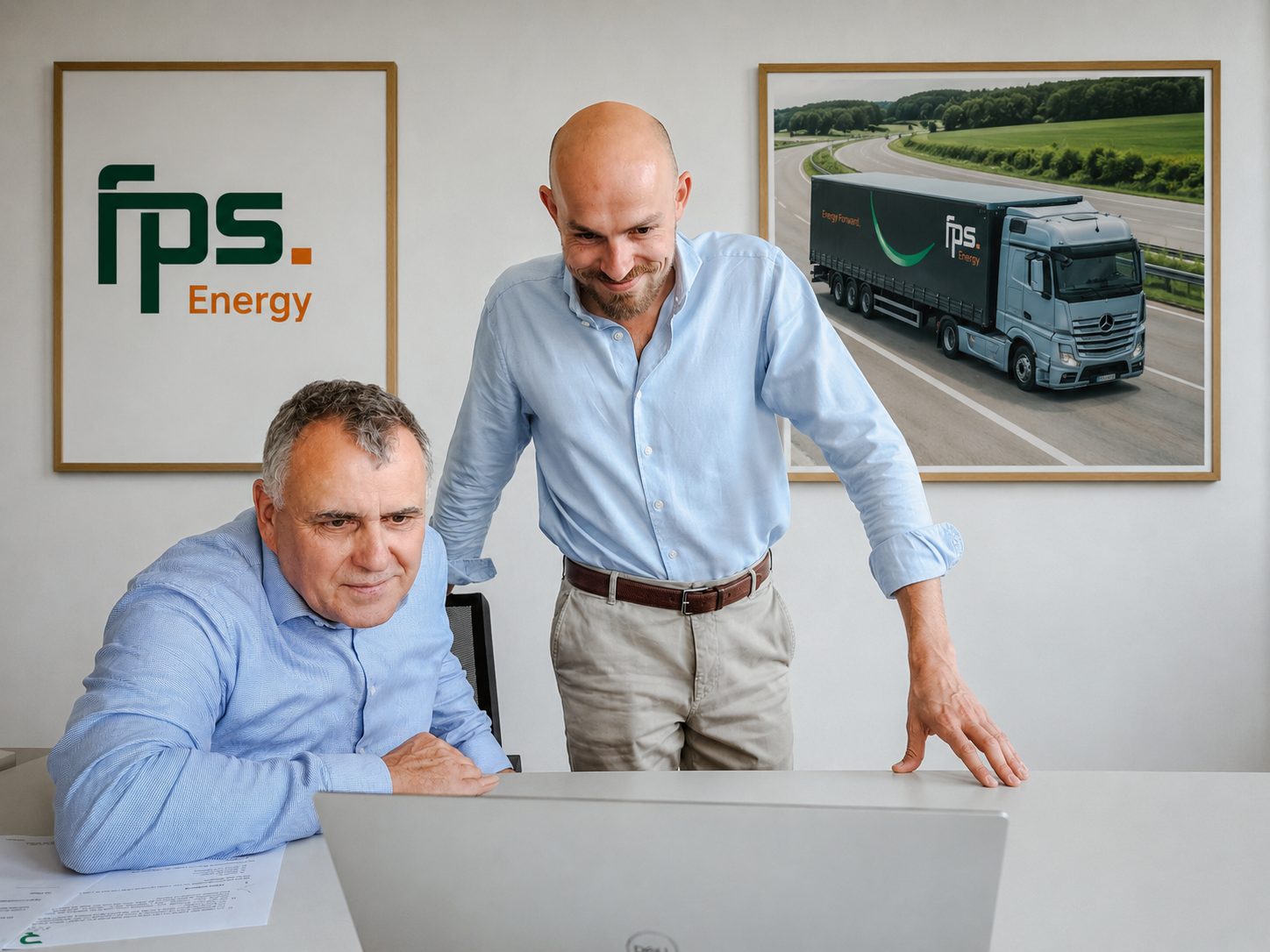 Gabor Beyer und Leander Hoffmann besprechen Unterlagen am Laptop