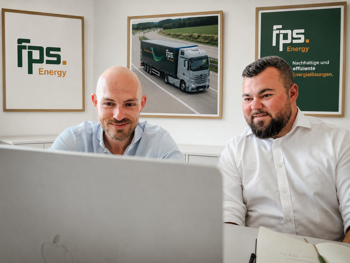 Leander Hoffmann und Max Gassmann arbeiten gemeinsam am Bildschirm im Berliner Büro von FPS.Energy